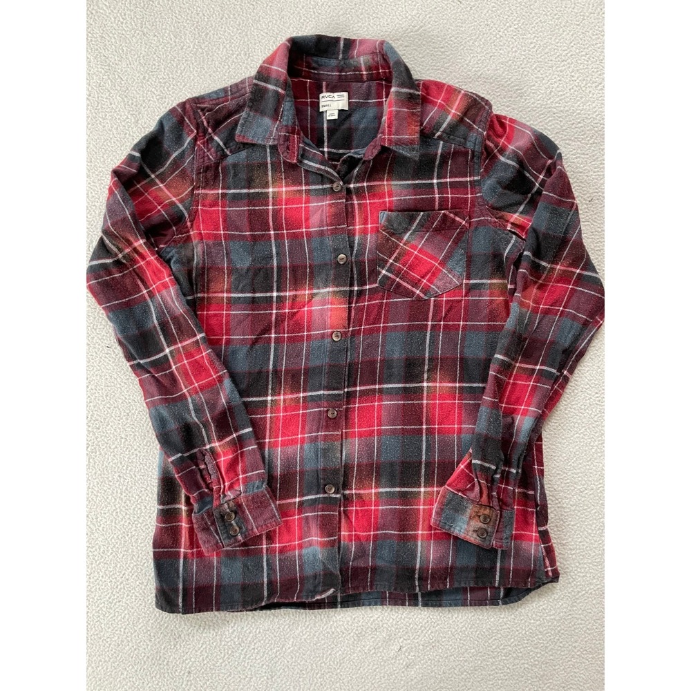 RVCA Womens Small Flannel Shirt Red Plaid Bleach Wash Distressed Long Sleeve